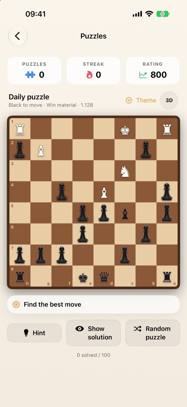 Daily puzzle screen with streak and rating